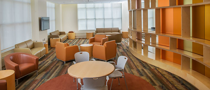 lounge area of Veterans Center with tables and easy chairs