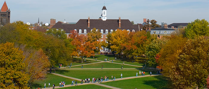 view of main quad on Illinois campus in fall